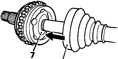 Diagram showing a drift being used to remove the outer joint from the shaft, with callout numbers 7 and 8