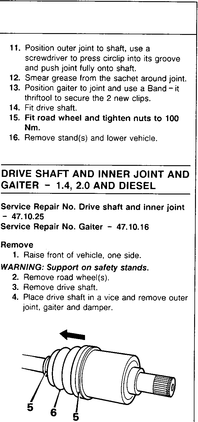 Diagram of inner joint and gaiter assembly showing clips labeled 5 and damper labeled 6