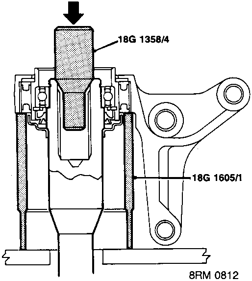 Diagram showing support bearing housing on tool 18G 1605/1 while pressing shaft from bearing housing using tool 18G 1358/4