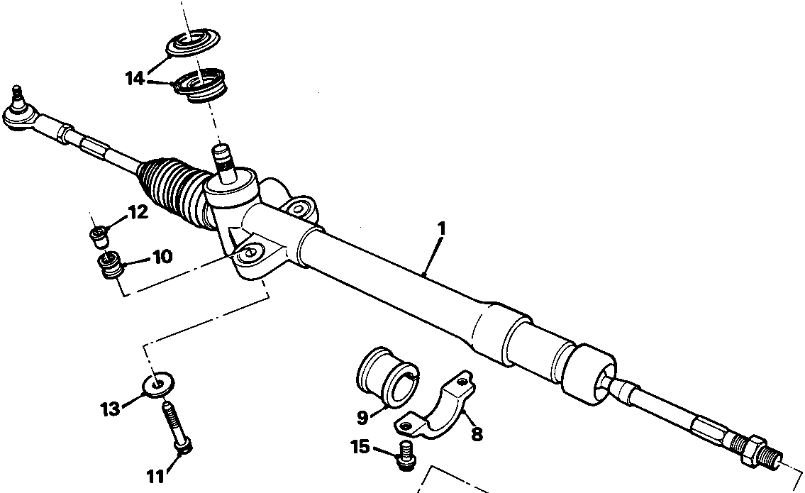 Exploded view diagram of the manual steering rack assembly showing components numbered 1 through 15.