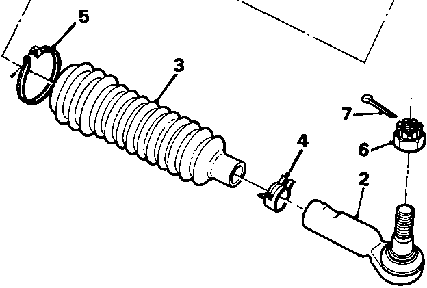 Close-up exploded view of the steering rack gaiter, track rod end, and associated clips and fasteners, numbered 2 through 7.
