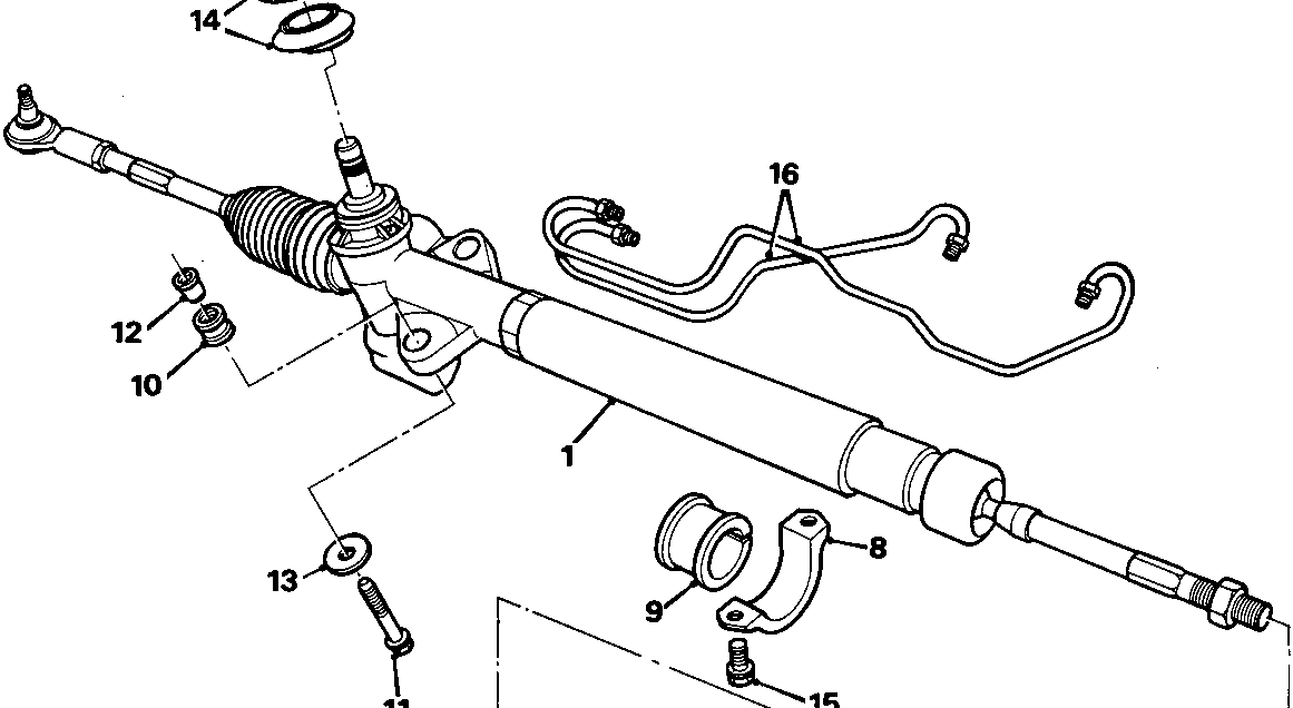 Exploded view diagram of the steering rack assembly showing components numbered 1 through 16, including the rack, track-rod end, gaiter, clamps, bolts, seals, and hydraulic pipes.