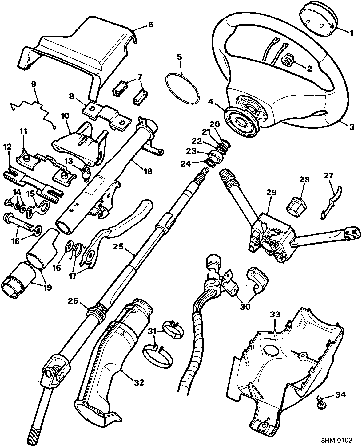 Exploded view of the steering system components including steering wheel, column, shafts, and lower trim panel.