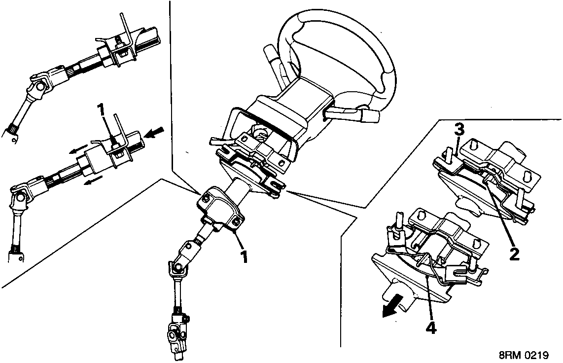 Diagram of the collapsible steering column showing clamp (1), claw (2), energy absorbing plate (3) and deformed plate (4).