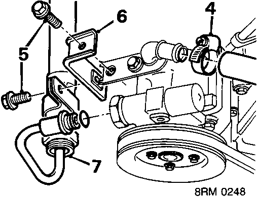 Diagram showing power steering pump, hoses, and mounting bolts labeled 4 through 7