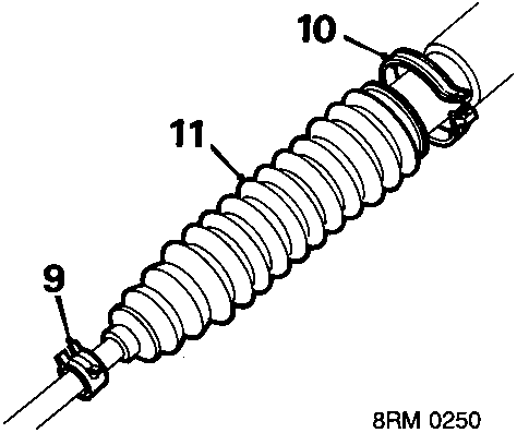 Diagram showing steering rack gaiter with inner and outer clips labeled 9, 10, and 11