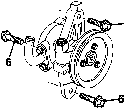 Diagram of power steering pump assembly showing three bolts labeled 6 securing the pump to its bracket