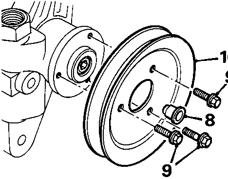 Diagram of power steering pump pulley assembly showing bolts labeled 9, a central component labeled 8, and a rubber plug labeled 10 on the spindle