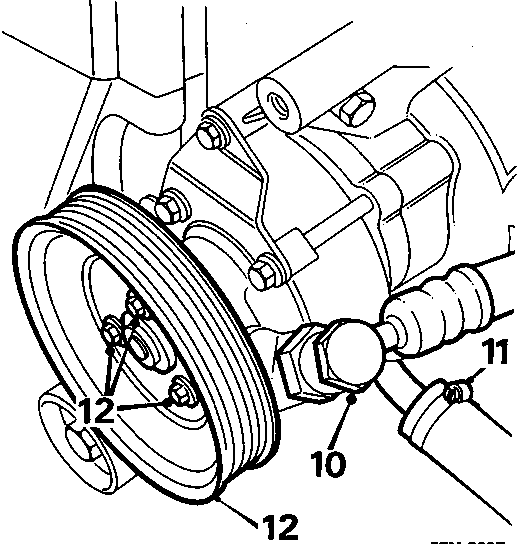 Diagram showing steering pump with AC compressor nearby, highlighting banjo bolt and feed hose clip locations