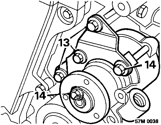 Diagram showing support bracket bolts securing steering pump to coolant pump housing