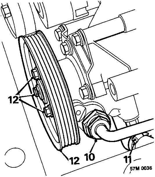 Diagram showing steering pump pulley, high pressure hose and feed hose connections for non air conditioning models