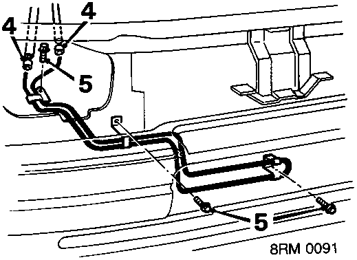 Diagram showing bonnet catch area and oil cooler hoses with callout numbers 4 and 5