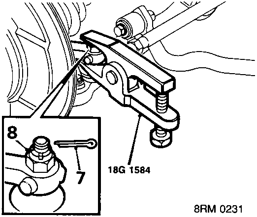 Diagram showing track rod end ball joint with split pins (7, 8) and tool 18G 1584