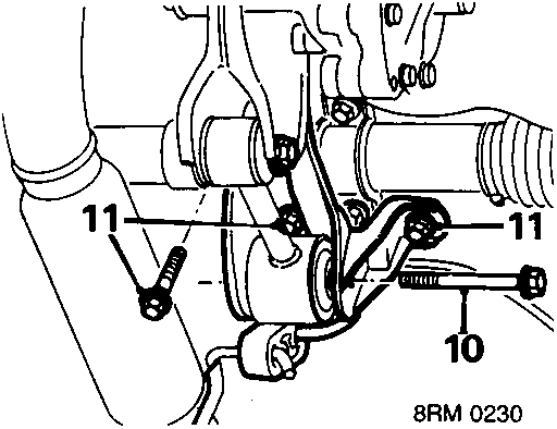 Diagram showing combined engine steady and exhaust mounting bracket with bolts (10, 11)