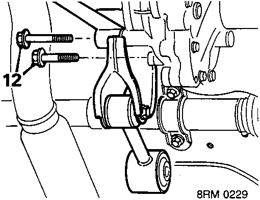 Diagram showing engine steady bracket bolts (12) securing to transmission