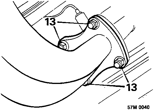 Diagram showing exhaust front pipe secured to manifold with four nuts indicated by callout 13