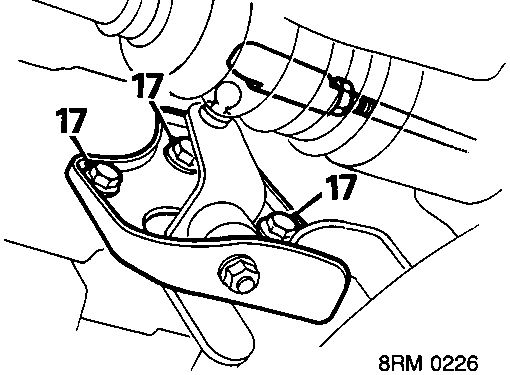 Diagram showing gear change linkage secured to cross member with three bolts indicated by callout 17