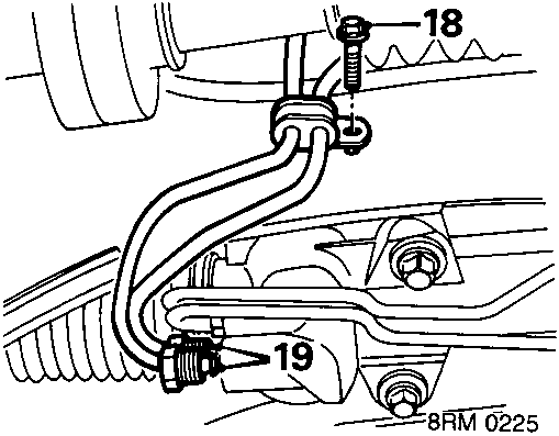 Diagram showing P.A.S. pipe clip bolt (18) and P.A.S. pipe unions (19) on the steering rack