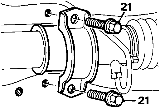 Diagram showing steering rack bracket secured to crossmember with two bolts indicated by callout 21