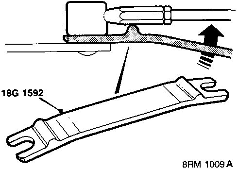 Diagram showing tool 18G 1592 being used to disconnect a ball joint from a gear change rod