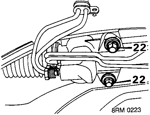 Diagram showing steering rack mounting bolts labeled 22, with reference code 8RM 0223