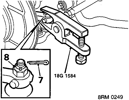 Diagram showing split pins (8), ball joint nuts (7) and tool 18G 1584 at track rod end