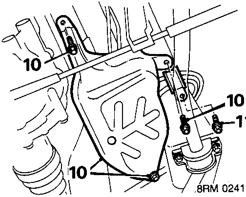 Diagram showing bolts (10) and clip (11) on steering rack pinion protection shield