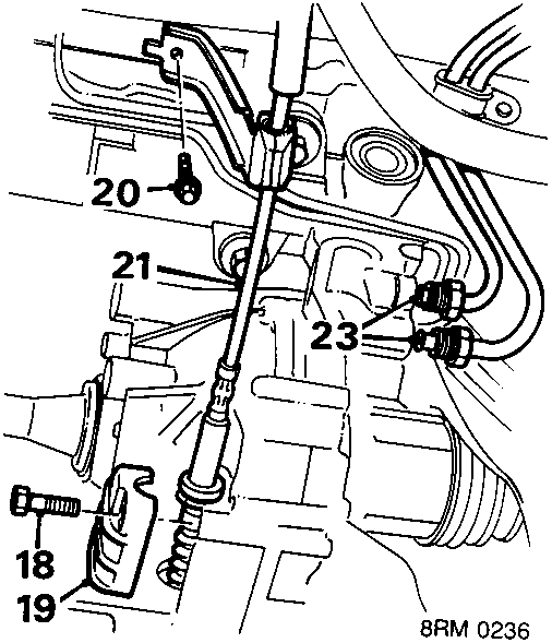 Diagram showing gearbox area with cable clamp, bolts and P.A.S. pipe unions