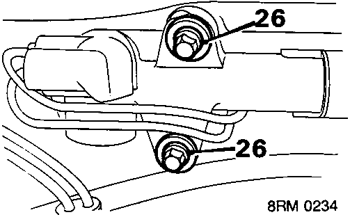 Diagram showing steering rack crossmember mounting bolts labeled 26, with reference number 8RM 0234
