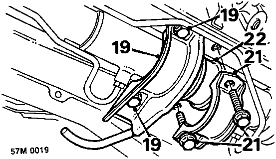 Diagram showing exhaust bracket bolts (19), steering rack bracket bolts (21), and mounting rubber (22).