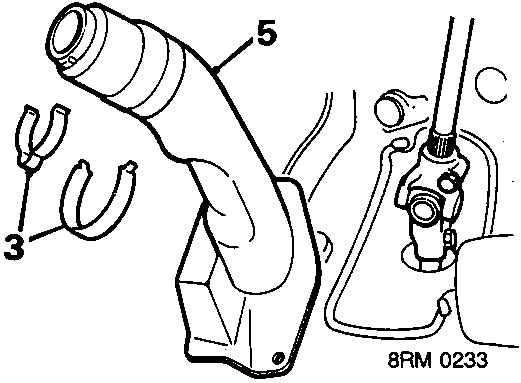 Diagram showing clips and studs securing column universal joint cover, labeled with numbers 3 and 5. Image code 8RM 0233.