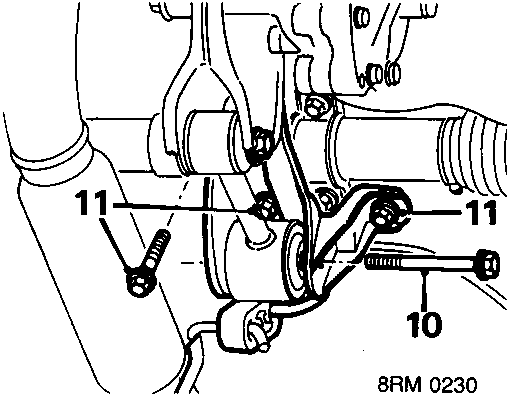 Diagram showing engine steady rod bolt and combined engine steady/exhaust mounting bracket bolts, labeled with numbers 10 and 11. Image code 8RM 0230.