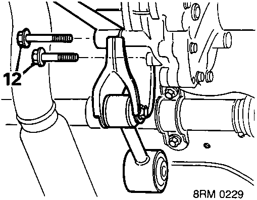 Diagram showing bolts securing engine steady bracket to transmission, labeled with number 12. Image code 8RM 0229.
