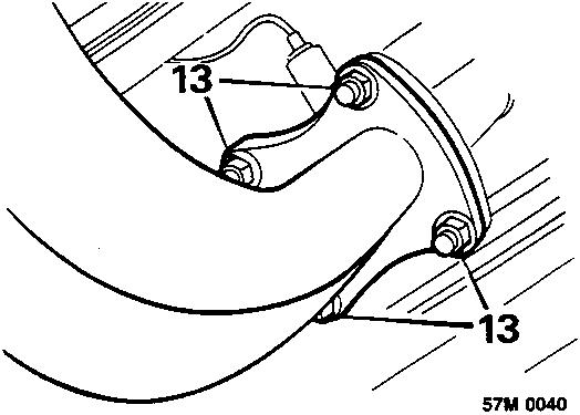 Diagram showing front pipe secured to manifold with nuts labeled 13
