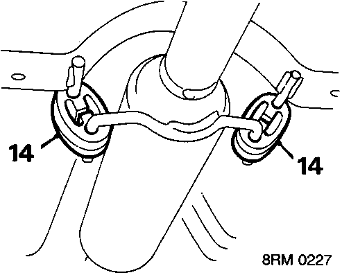 Diagram showing centre exhaust mountings and gudgeon pins labeled 14