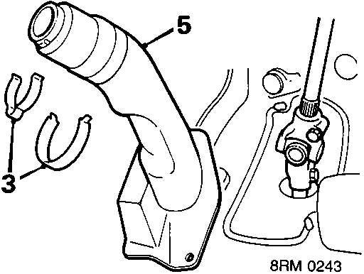 Diagram showing removal of clips (3) securing column universal joint cover (5)