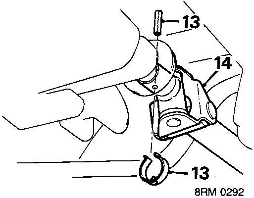 Diagram showing a gear change selector rod connected to a transmission, with roll pin retaining clips and callout numbers 13 and 14.