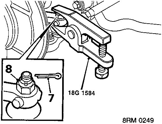 Diagram showing a tool labeled 18G 1584 being used on a track rod end ball joint, with callout numbers 7 and 8.