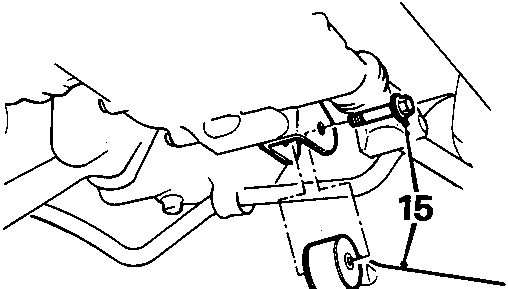 Diagram showing a steady rod attached to the transmission with a bolt, labeled with callout number 15.