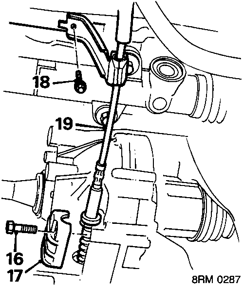 Diagram showing a gear selector cable assembly near a gearbox and crossmember, with callout numbers 16, 17, 18, and 19.