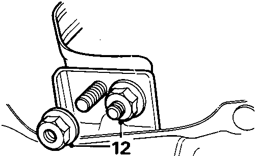 Diagram showing the front exhaust pipe mounting bracket secured by two nuts, with callout number 12.