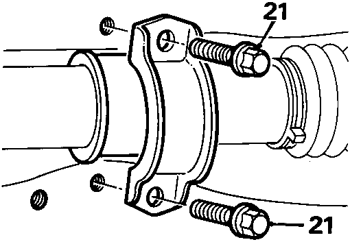 Diagram showing steering rack bracket bolts secured to crossmember, callout 21