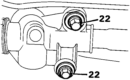 Diagram showing steering rack mounting bolts on crossmember, callout 22