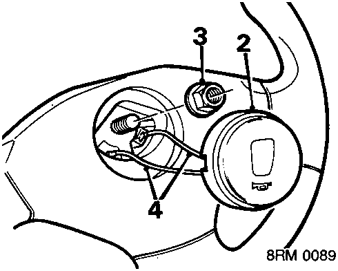 Diagram of steering wheel centre showing removal of horn push button, nut, and leads