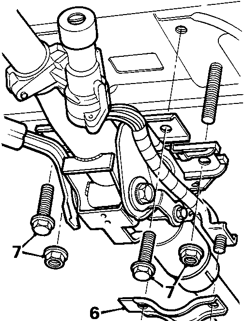 Diagram showing the lower steering column clamp area with callout numbers 5, 6, and 7 identifying bolts, a clamp, and nuts respectively. Document code 8RM 0099 is printed below.