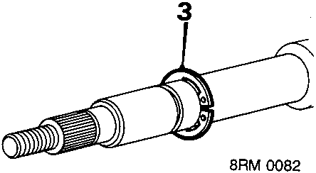 Close-up diagram of the top of the steering column showing a circlip fitted around the inner shaft. Callout number 3 points to the circlip. Document code 8RM 0082 is printed below.