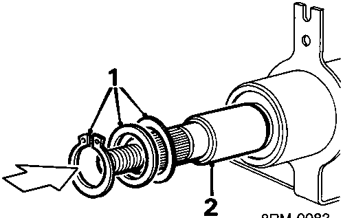 Diagram of the upper steering column showing the inner shaft being withdrawn from the outer tube, with callout numbers 1 and 2 identifying washers and a circlip. Document code 8RM 0083 is printed below.