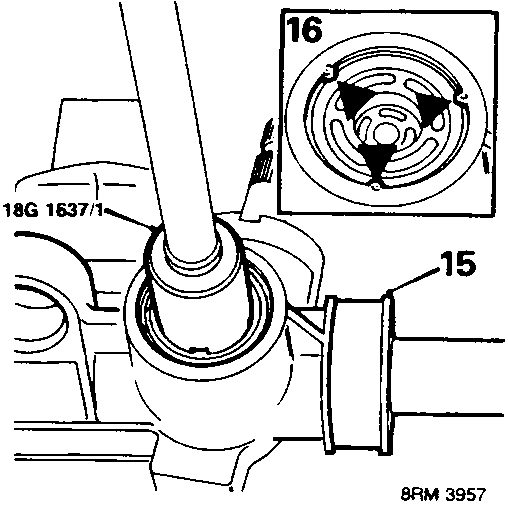 Diagram showing a pinion housing bracket held in a vice with yoke housing upwards, using tool 18G 1637/1, with callout numbers 15 and 16.