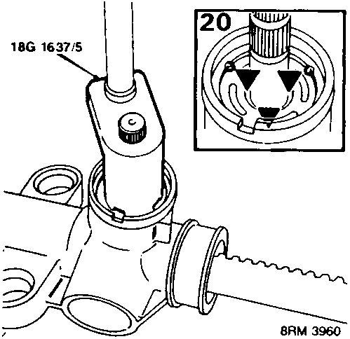 Diagram showing tool 18G 1637/5 releasing staking securing pinion cover, with inset detail of the cover secured by three staked points.
