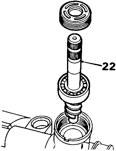 Exploded view of pinion assembly being withdrawn from housing, with part 22 indicated.